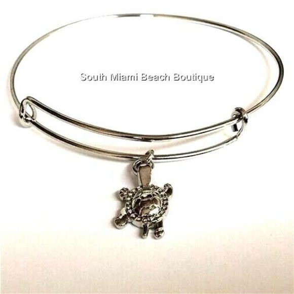 Turtle Charm Bracelet Silver Plated Beach Island Wire Nautical Island Sea Life - Picture 2 of 10